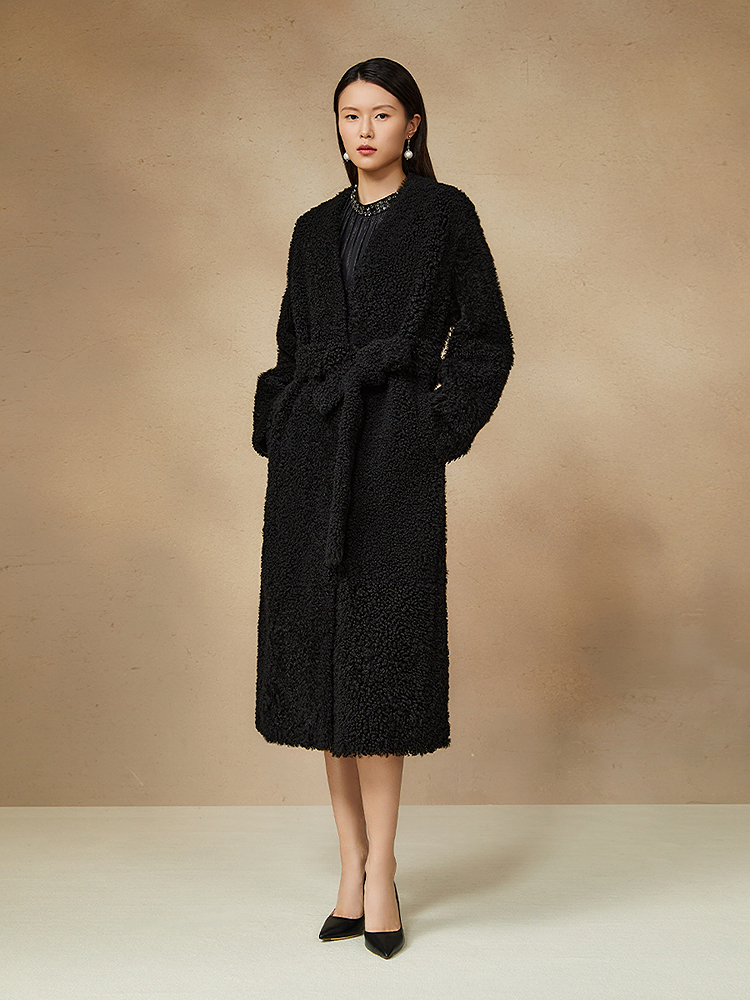 Song of Song歌中歌2024秋季赫本风黑色绵羊毛革皮草大衣5C64309340