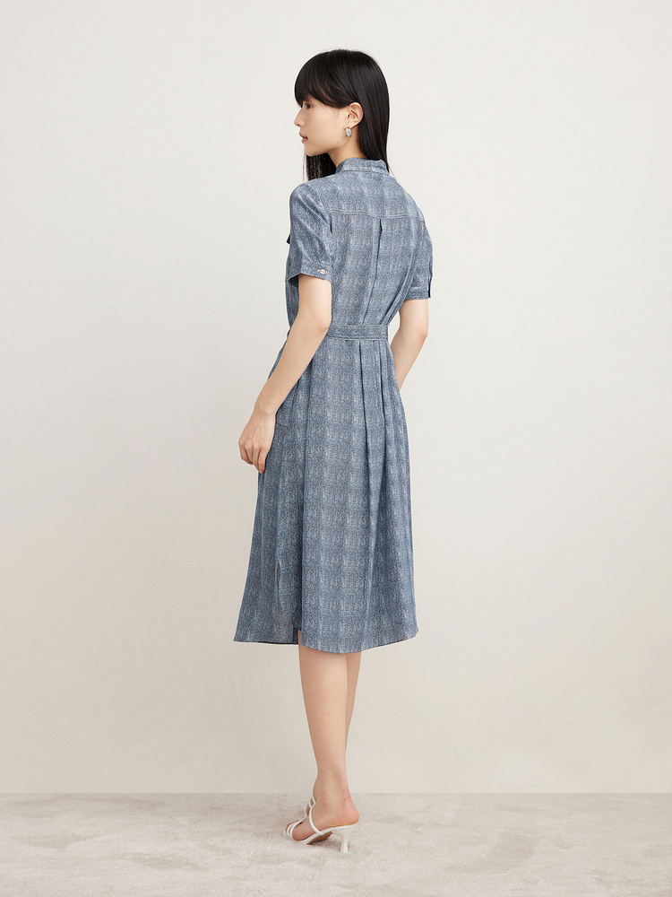 [真丝系列]Goodland美地女装2024夏季桑蚕丝牛仔色衬衫连衣裙LC64205020