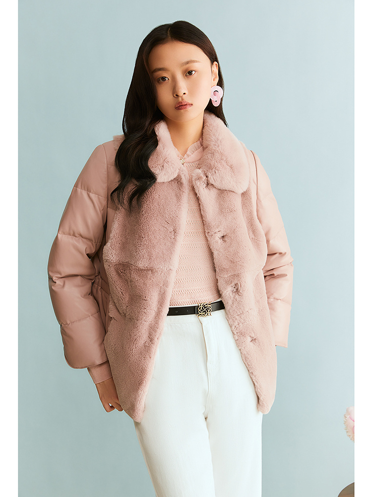 YINER音儿专选2025冬季新款优雅一手长兔毛翻领羊皮真皮羽绒服8C65509626