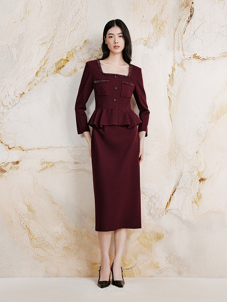 OBBLIGATO奥丽嘉朵2026秋冬季新款酒红连衣裙1C66505080