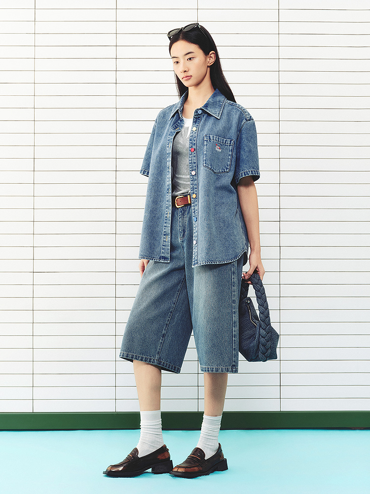 ToyzY2026夏新款彩色纽扣绣花宽松百搭莱赛尔棉牛仔短袖衬衫ZC36230550