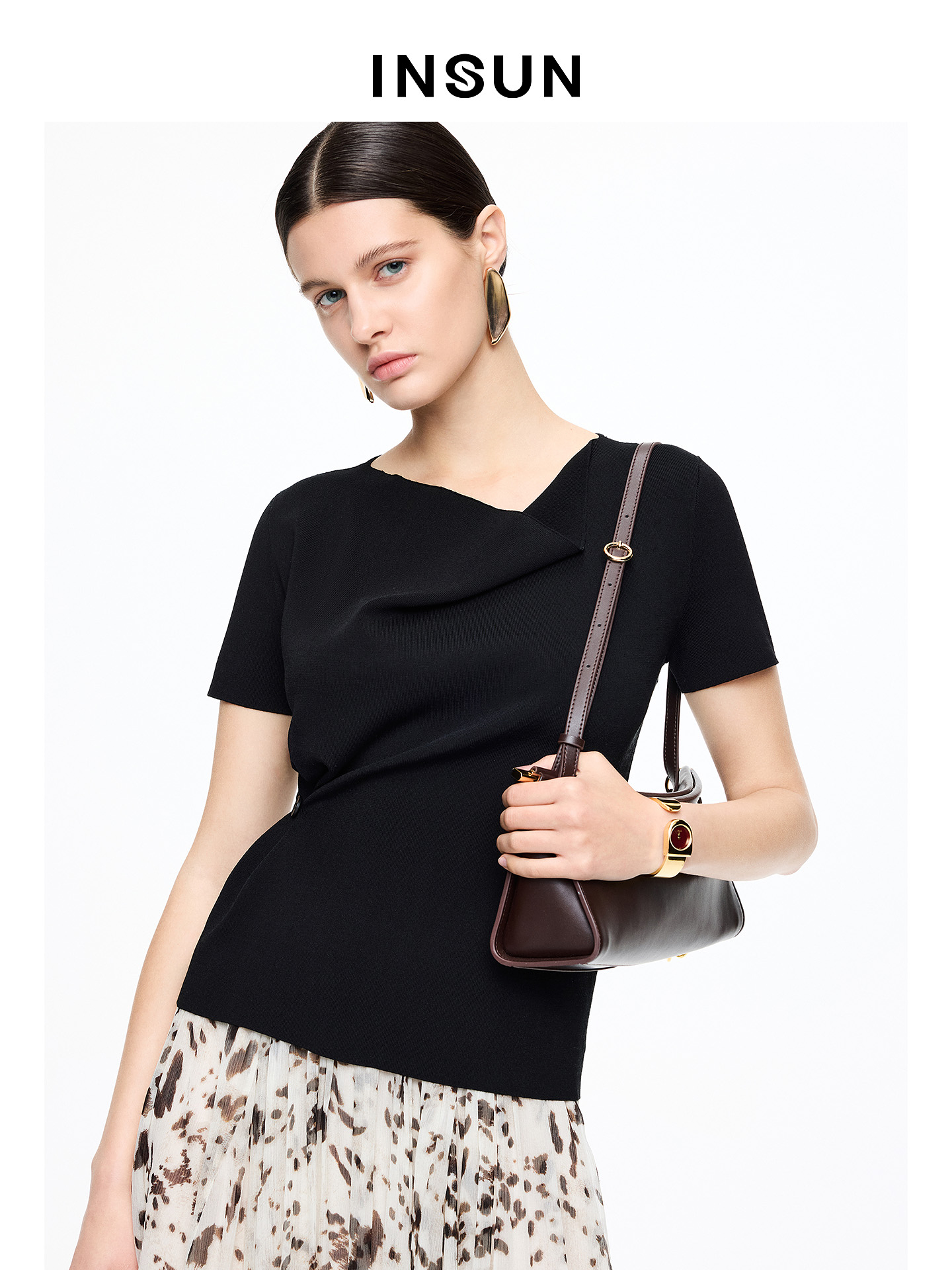 INSUN恩裳专选2026夏季荡领修身显瘦高弹短袖毛针织衫9C66206060