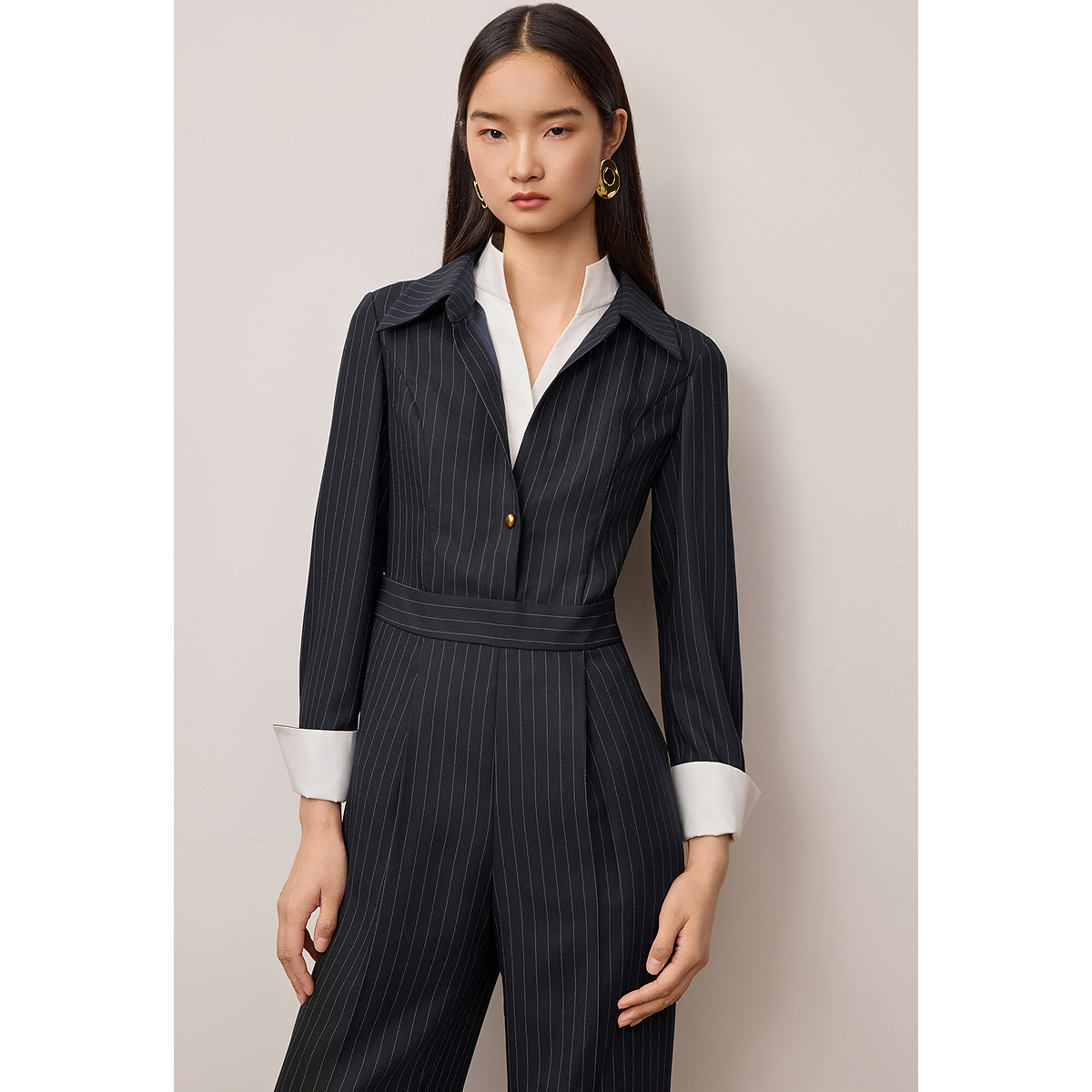 OBBLIGATO奥丽嘉朵2025秋季新品藏蓝条纹撞色高级商务连体裤1C35302030