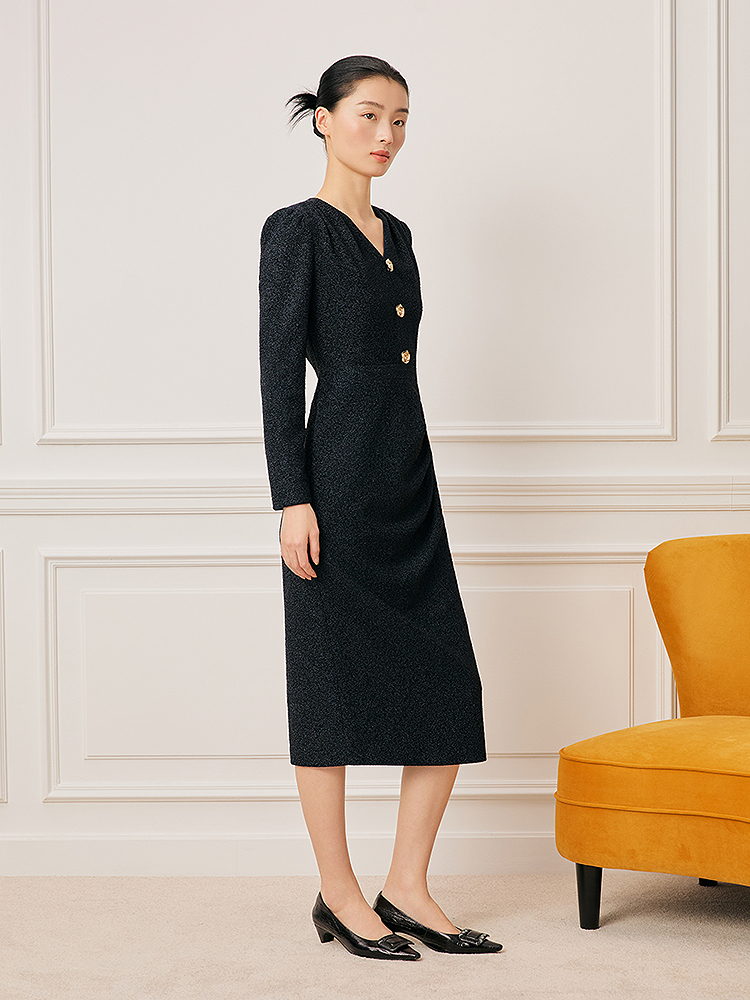 Song of Song歌中歌2026春季V领抽褶修身高端通勤连衣裙5C66105180