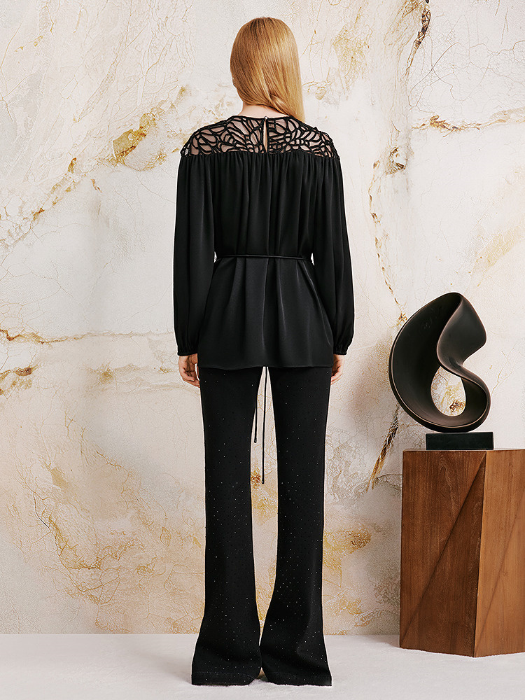 OBBLIGATO奥丽嘉朵2026秋季新款哑光黑色醋酸藤蔓镂空钉珠衬衫1C36330100