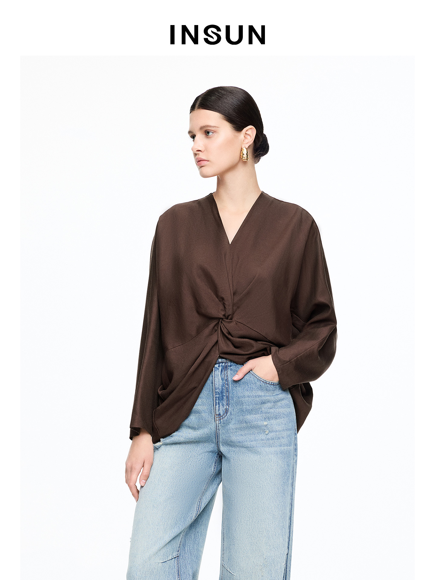 INSUN恩裳专选2026春季老钱风V领气质亚麻长袖衬衫9C66170070