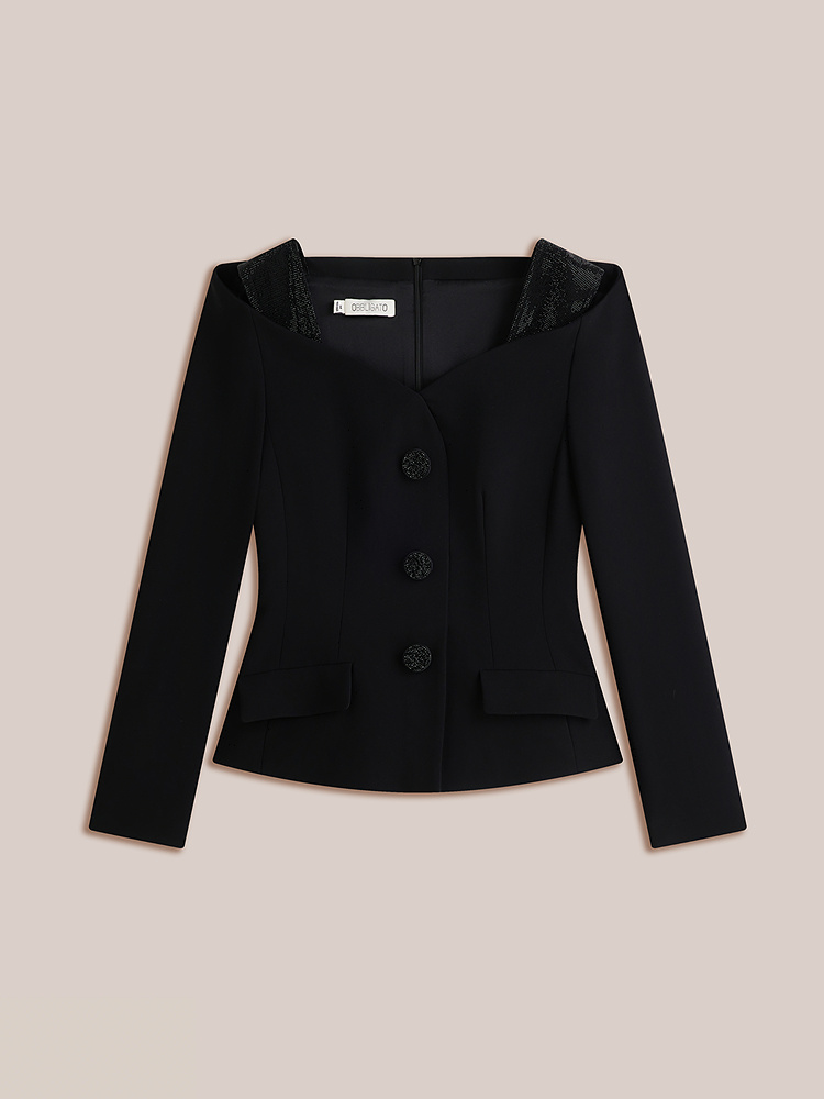 OBBLIGATO奥丽嘉朵2026秋冬季新款三醋酸露肩领烫钻黑色西装上衣1C36570130