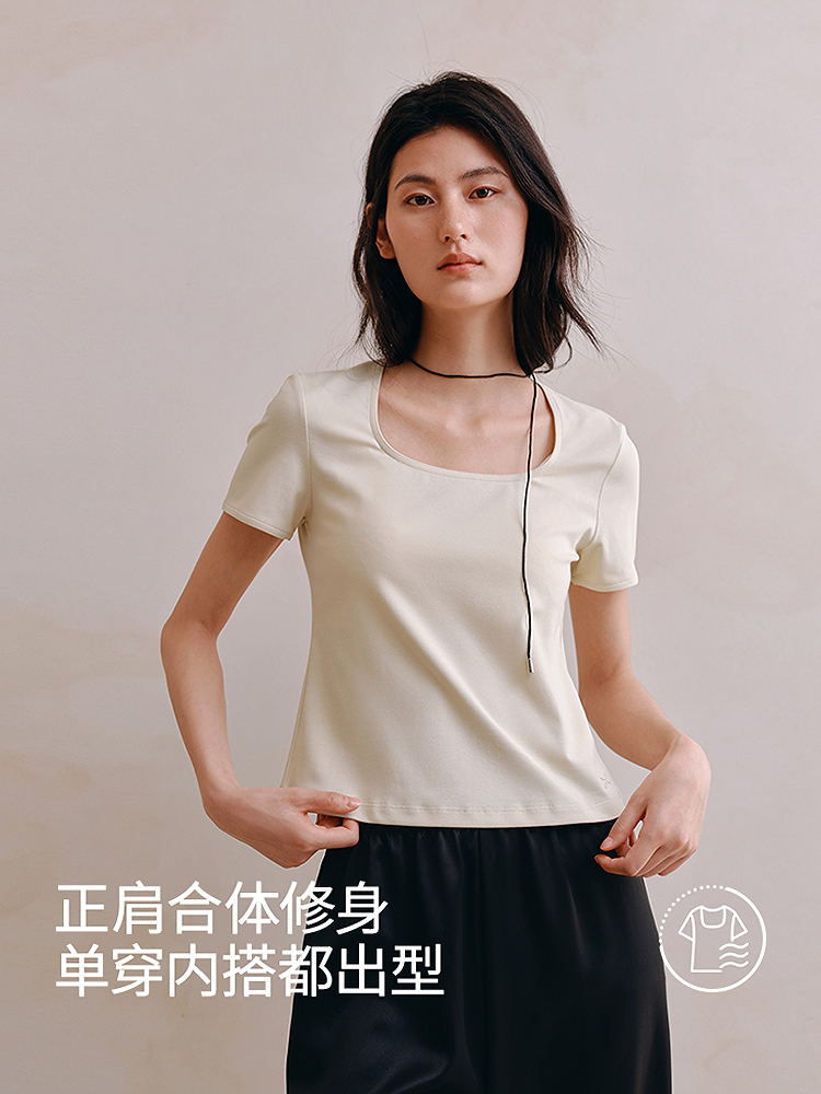 7A抗菌弹力螺纹方领T恤8J35227160