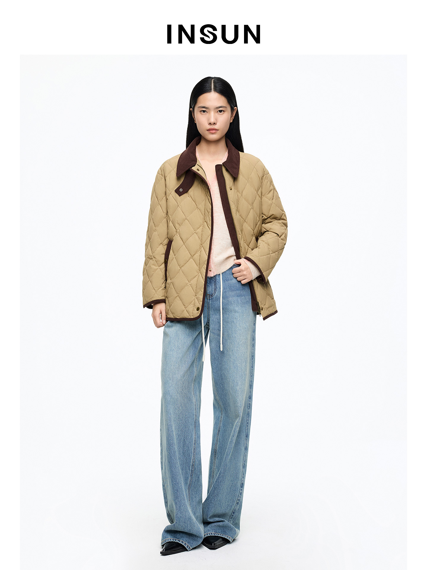 INSUN恩裳专选2026春季巴恩风菱形格宽松轻薄羽绒服9C66108520