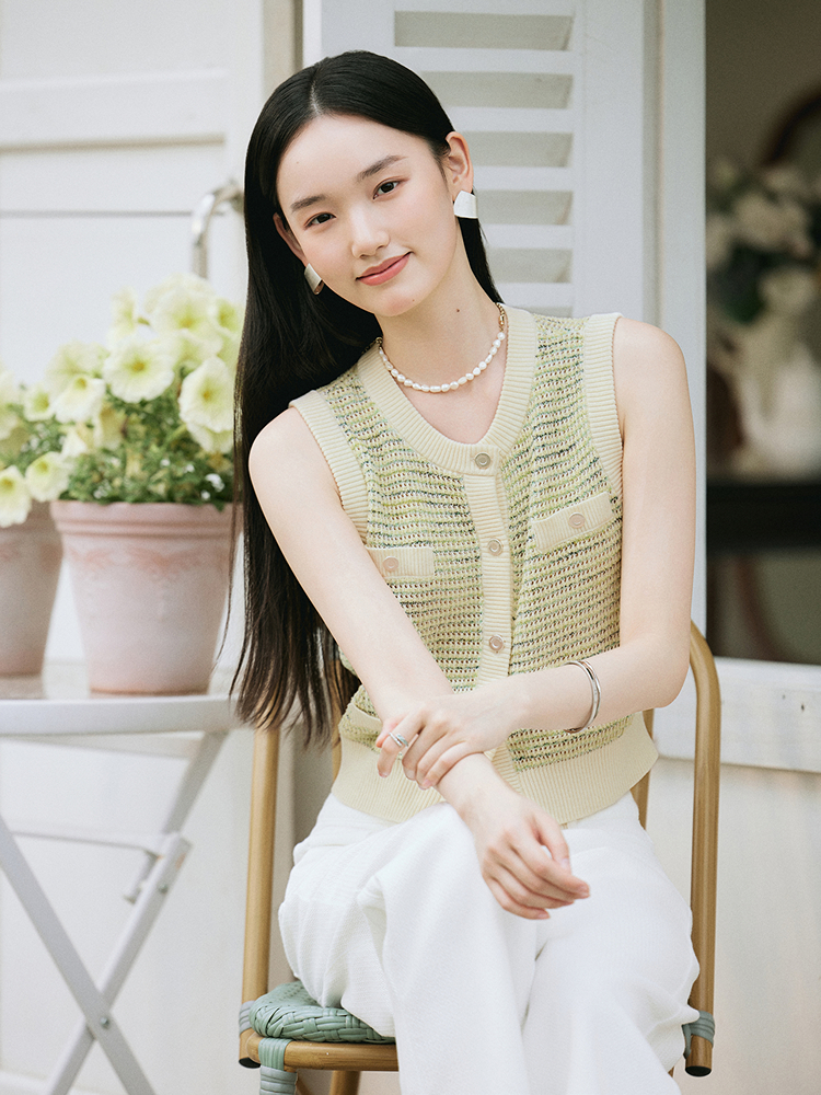 Goodland美地女装2025夏季法式香风撞色圆领无袖针织开衫LC35206190