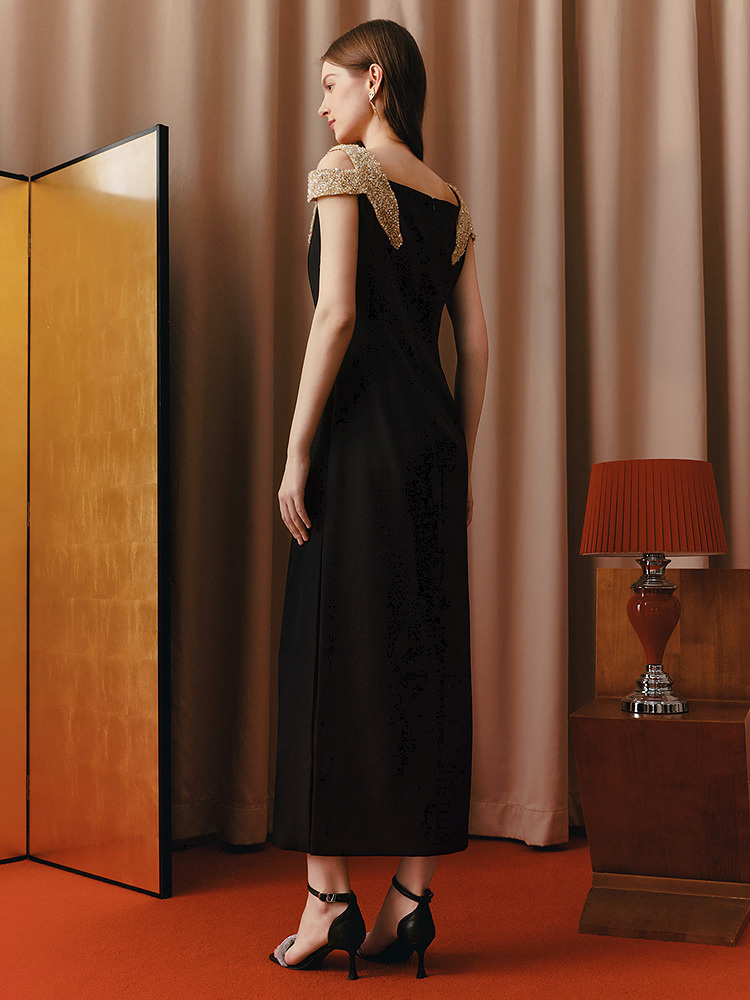 OBBLIGATO奥丽嘉朵2026春季新款三醋酸手工钉珠亮片收腰礼服裙1C36105565