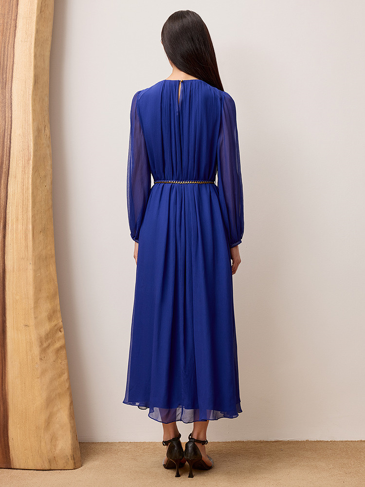 OBBLIGATO奥丽嘉朵专选2025秋季新品桑蚕丝花朵浓郁蓝修身连衣裙1C65305250