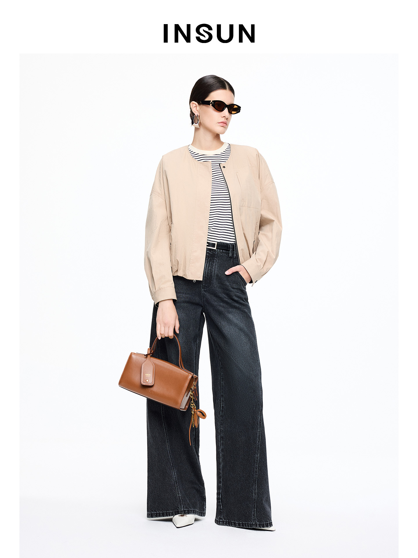 INSUN恩裳专选2026春季圆领复古风松弛感棉质双面穿短外套9C66110340