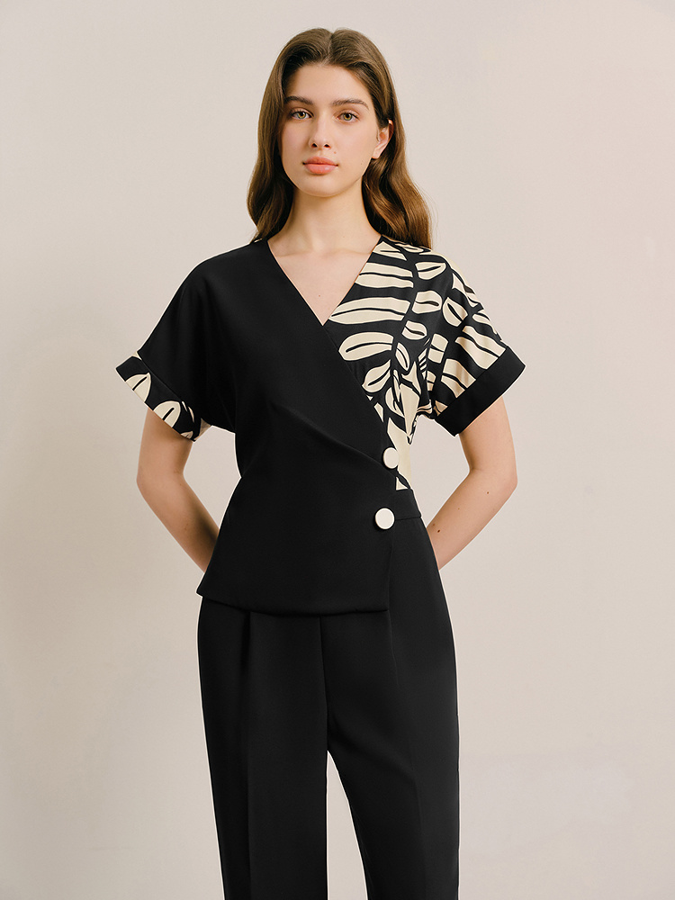 OBBLIGATO奥丽嘉朵专选2025夏季新品V领落肩袖撞色假两件连体裤1C65302060