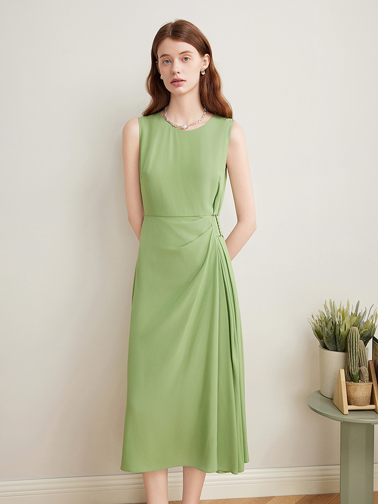 Goodland美地女装2025夏季绿色抓褶醋酸无袖背心连衣裙长款LC35205050