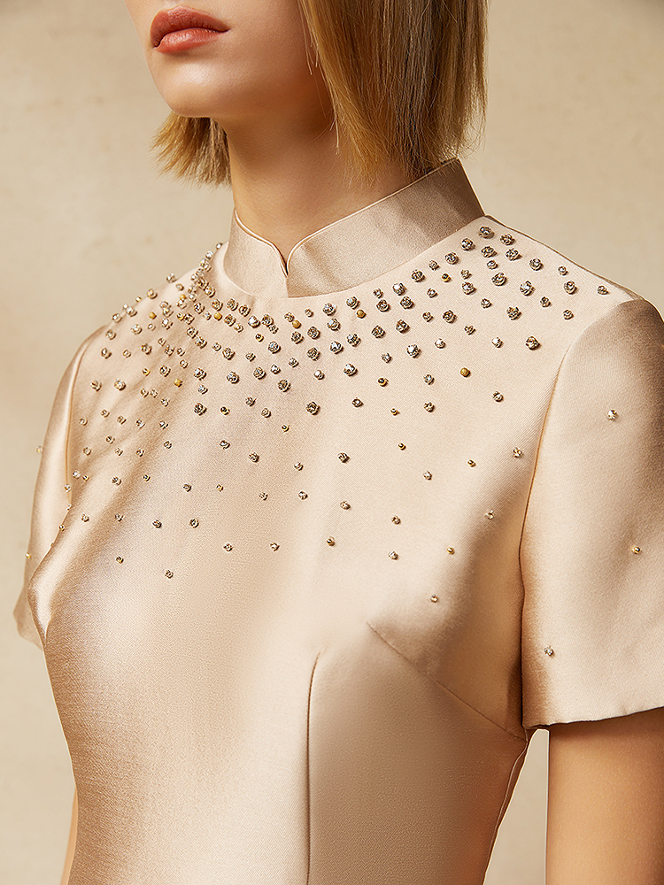 SongofSong歌中歌2024秋季香槟金新中式钉珠连衣裙5C64315026