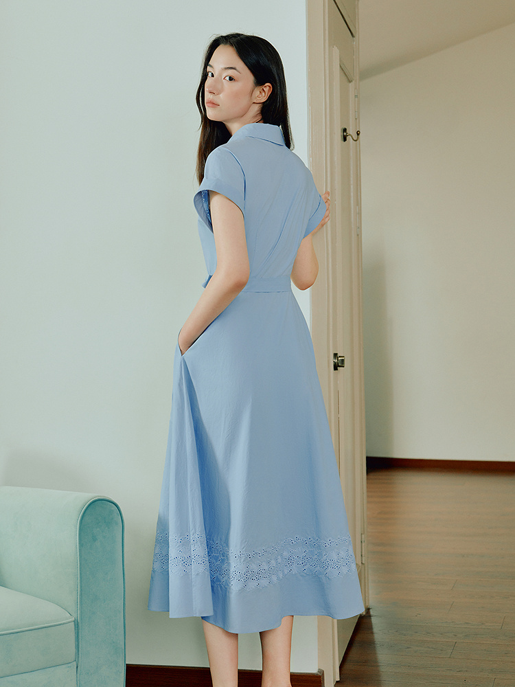 YINER音儿专选2026夏季新款优雅通勤衬衫翻领镂空刺绣系带连衣裙8C66205616