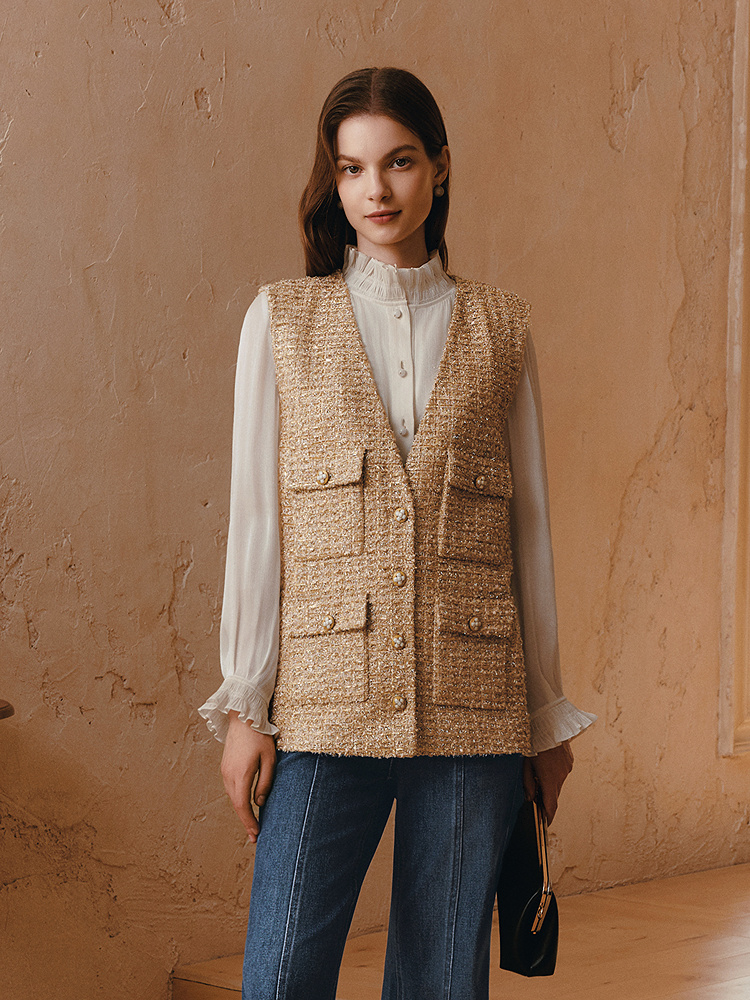 OBBLIGATO奥丽嘉朵2026春新款桑蚕丝内衬金色粗花呢v领小香风马甲1C36101040