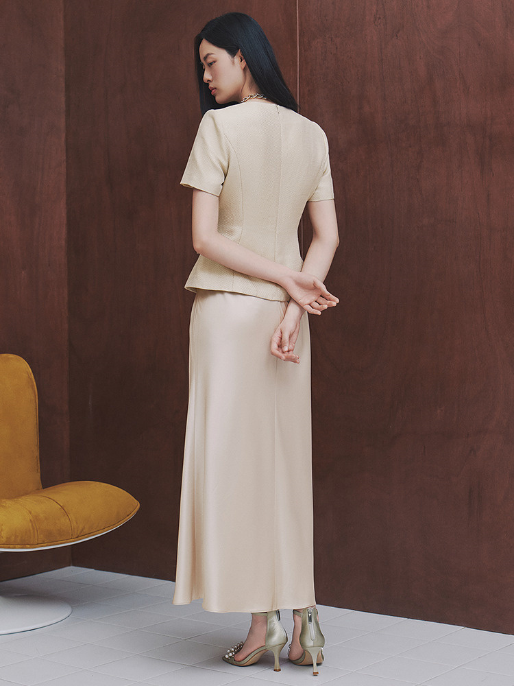 OBBLIGATO奥丽嘉朵2026夏季新款棉麻拼接醋酸v领收腰短袖连衣裙1C36205420