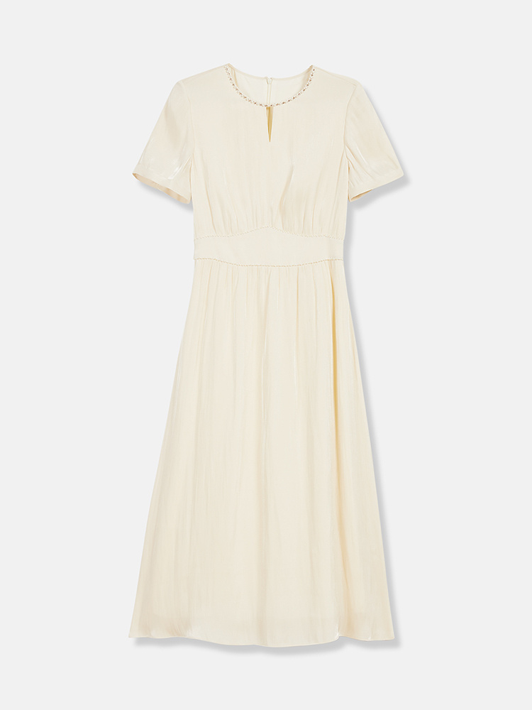 YINER音儿专选2026夏季新款优雅钉珠圆领海岛丝高腰收褶连衣裙8C66205296