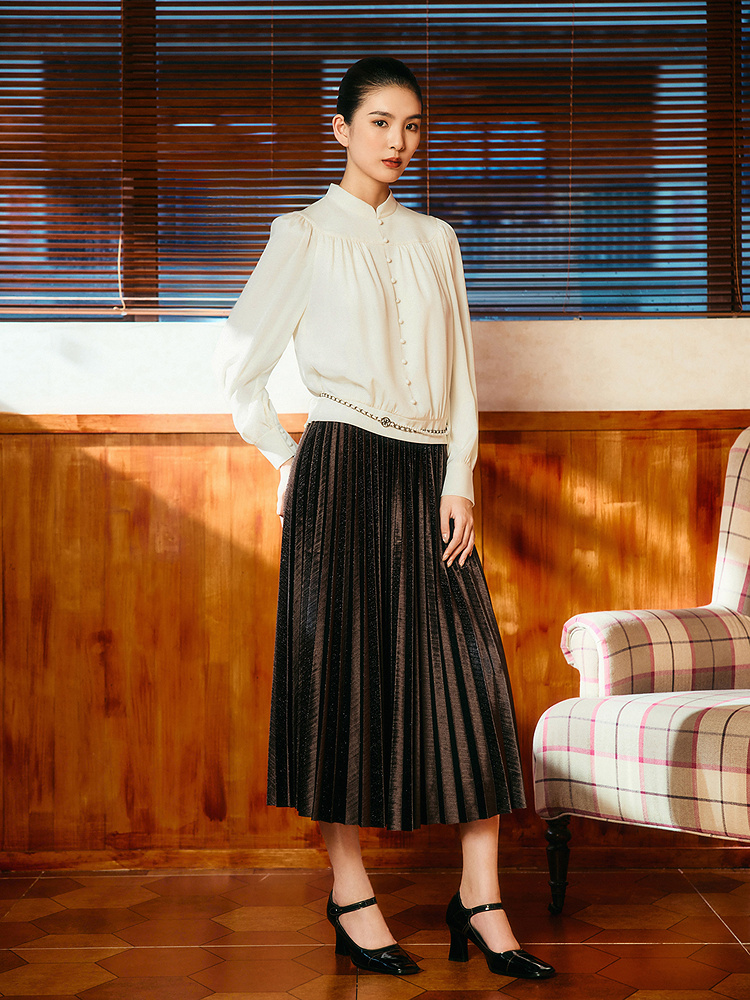 【1996系列】YINER音儿2025冬季新款法式褶艺真丝弹力重绉衬衫