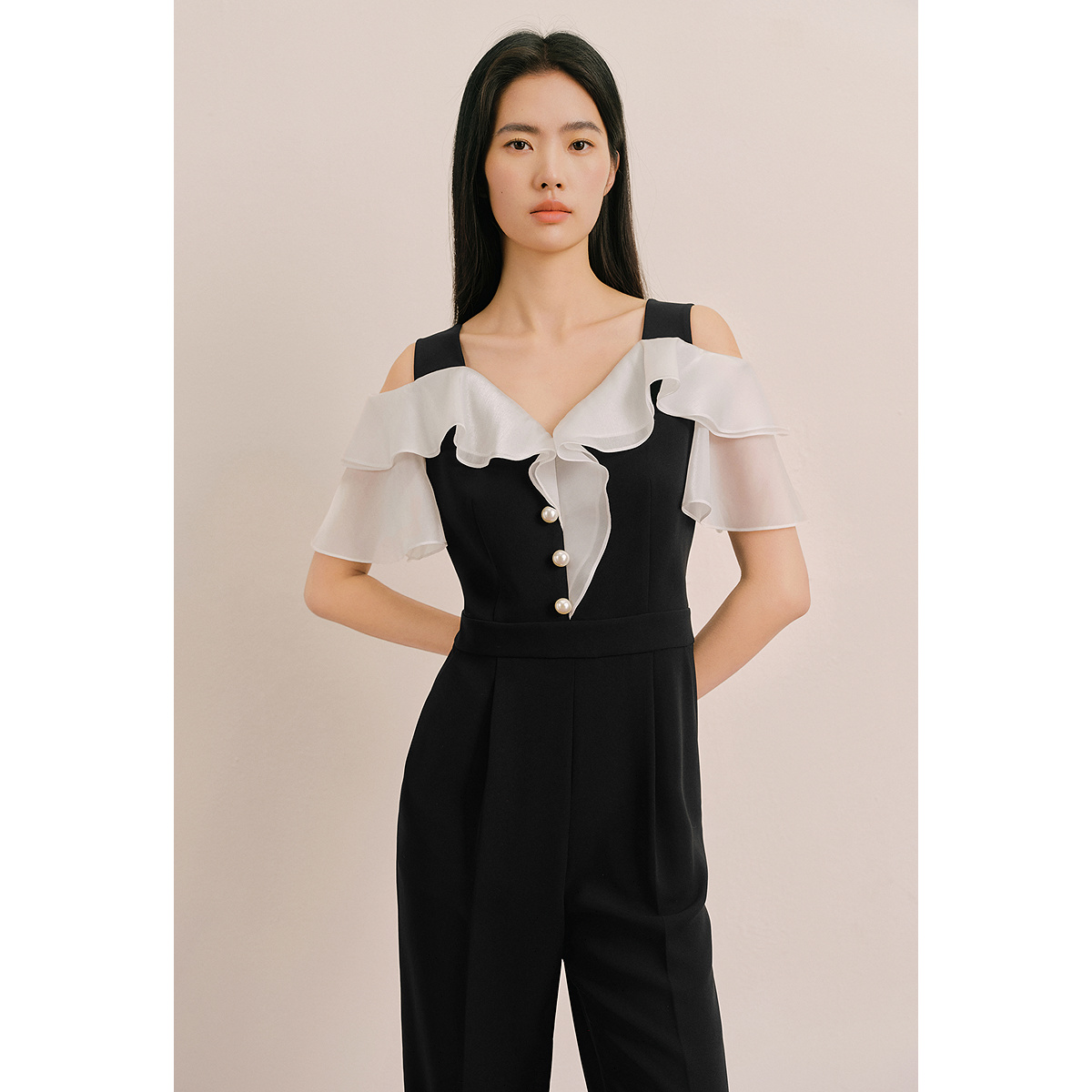 OBBLIGATO奥丽嘉朵2025夏季新品吊带荷叶边撞色拼接连体服1C65202020