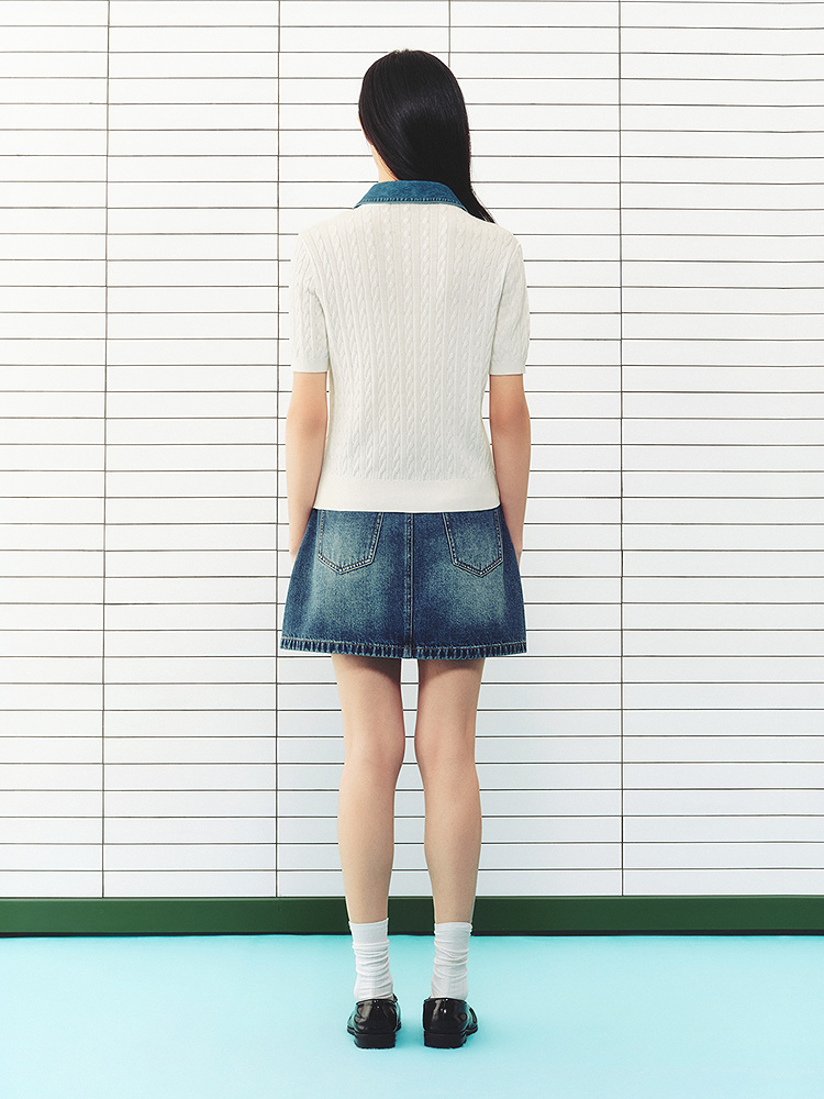 ToyzY2026夏季新款可拆卸牛仔翻领立体绞花纹理针织衫ZC36206490