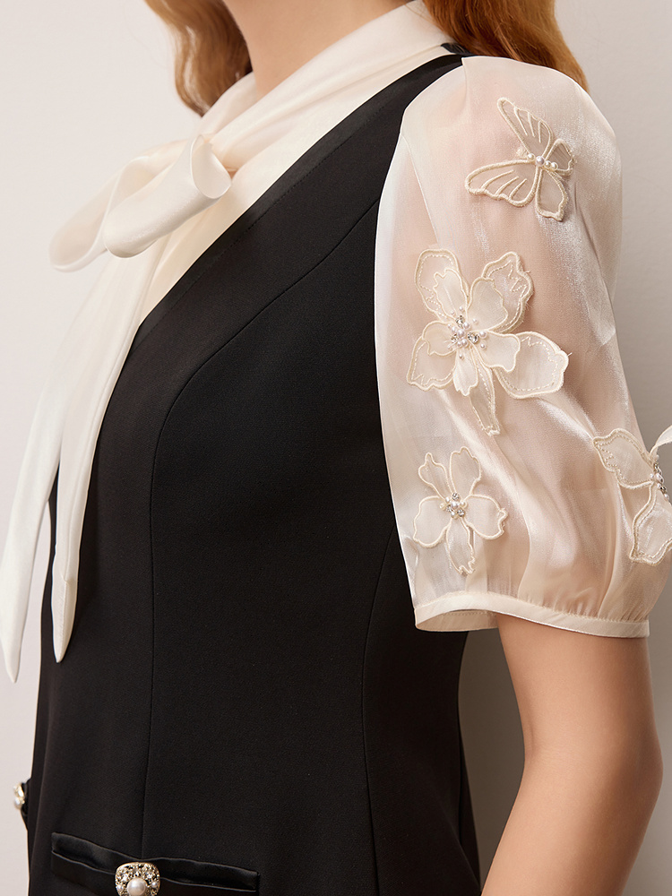 OBBLIGATO奥丽嘉朵专选2025夏季新品蝴蝶结系带领立体花卉连衣裙1C65205780