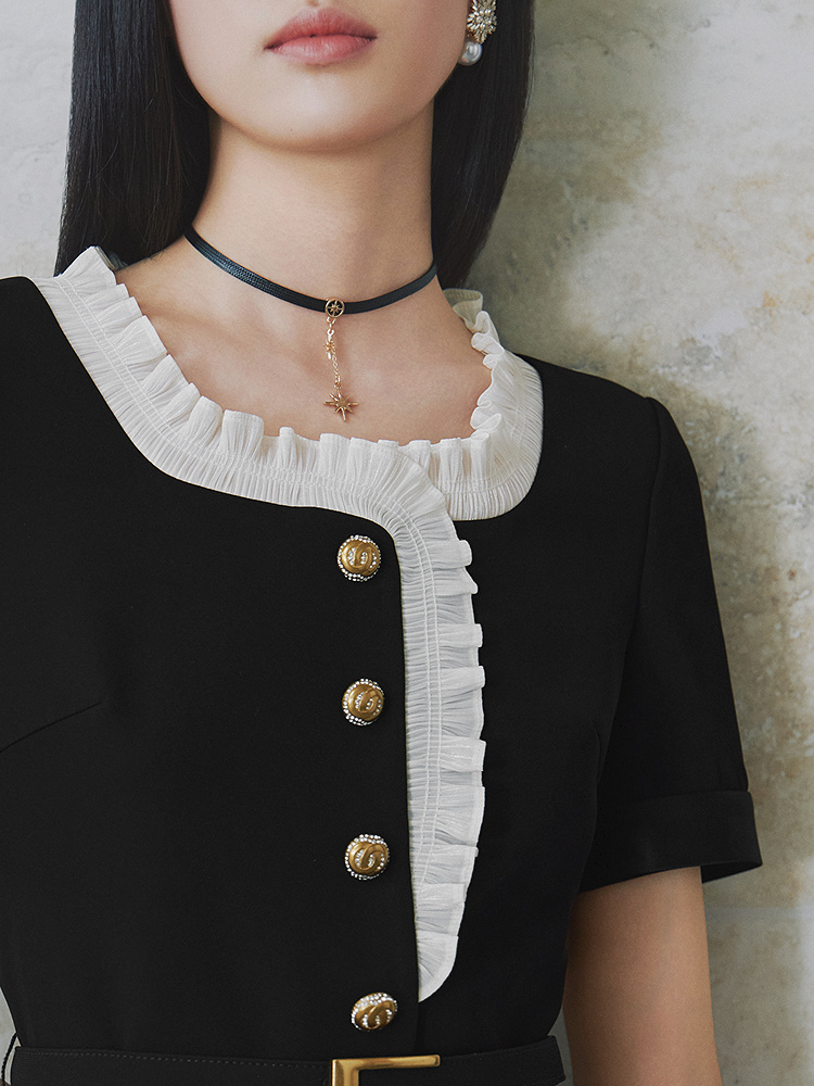 OBBLIGATO奥丽嘉朵2026夏季新款三醋酸木耳边收腰系带通勤连衣裙1C66205330