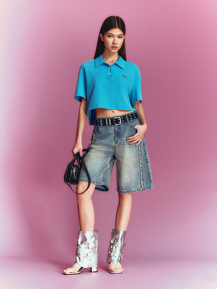SALT.P可颜 2026夏季新款亮蓝复古宽松短款POLO衫AC36260180