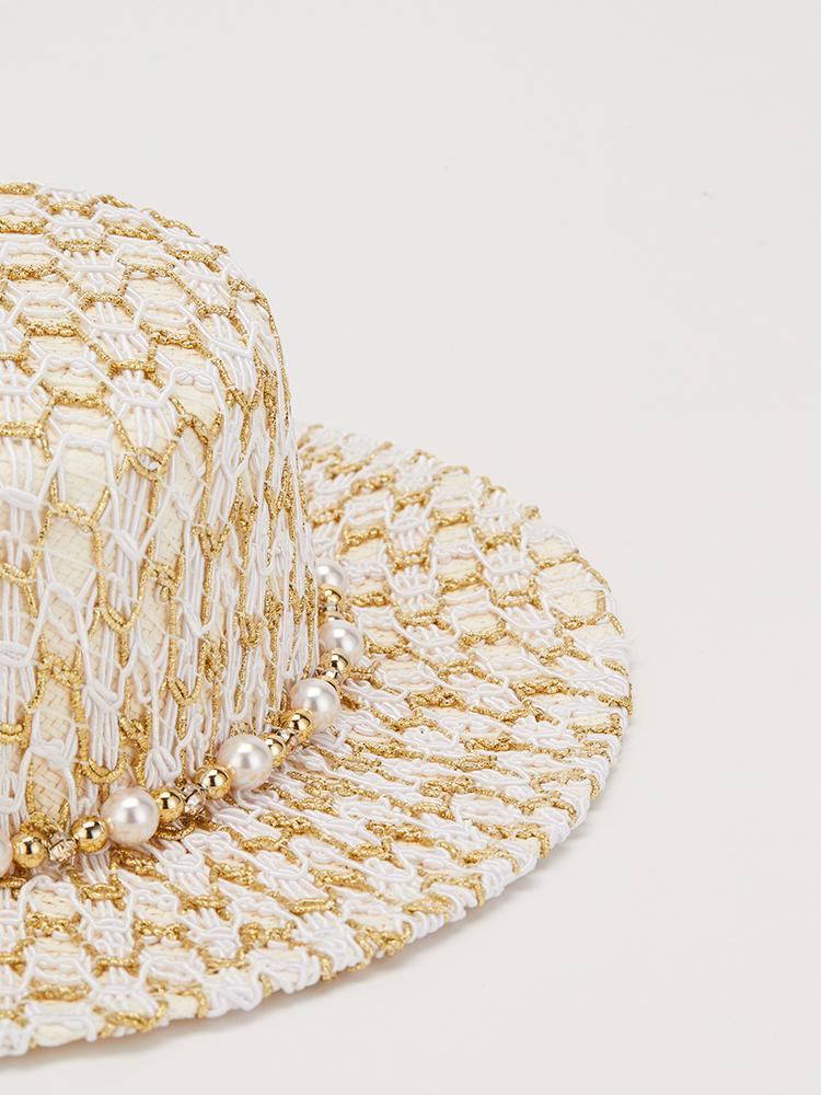 SongofSong歌中歌2024夏季金白编织宽檐礼帽帽子5C34293010