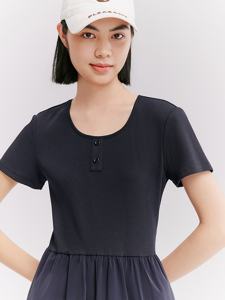 XII BASKET十二篮专选26夏新款圆领气质拼接收腰休闲通勤连衣裙7C66205030