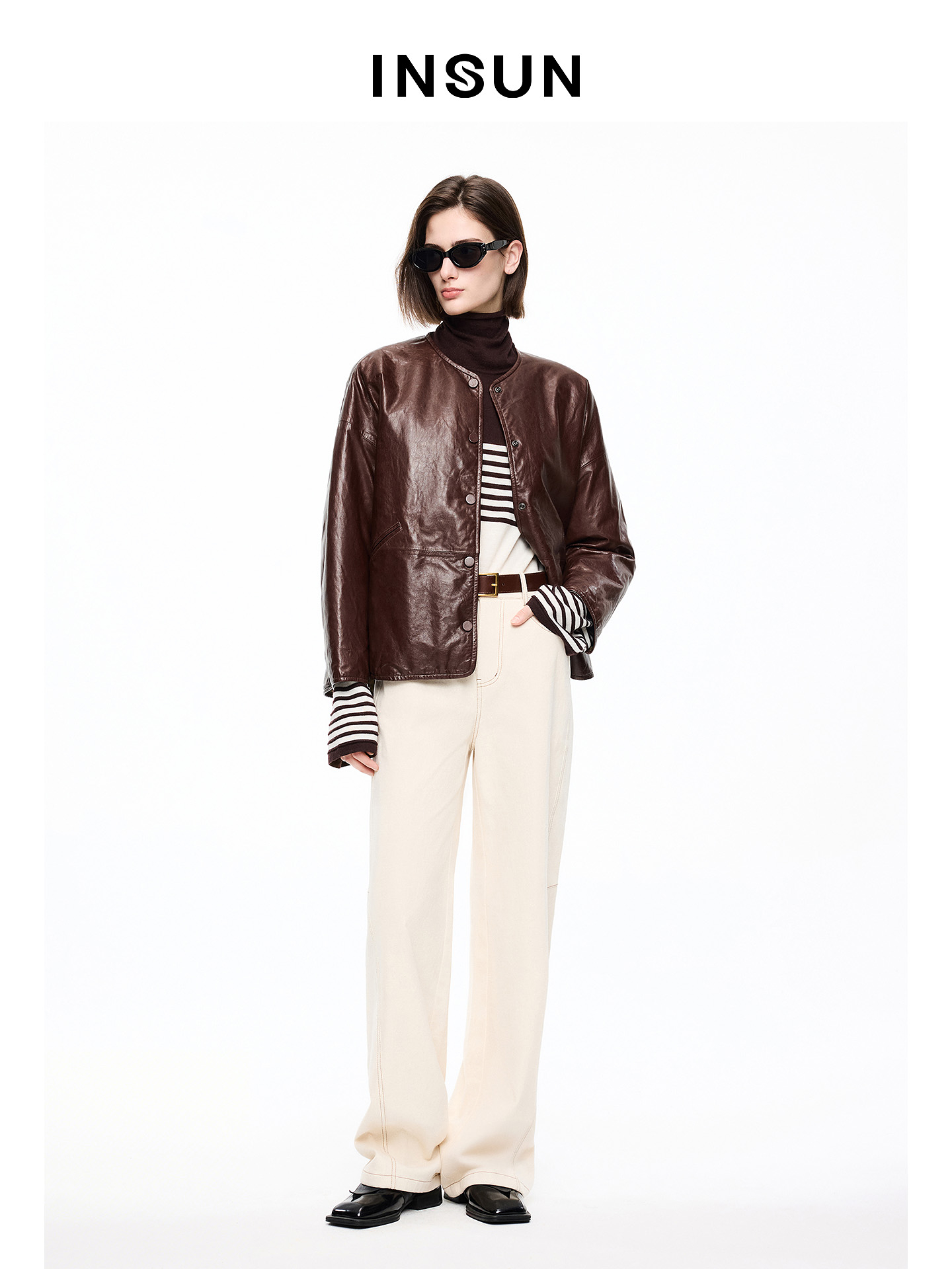 INSUN恩裳2026春季通勤风亮面利落感绵羊皮革皮衣9C36109500