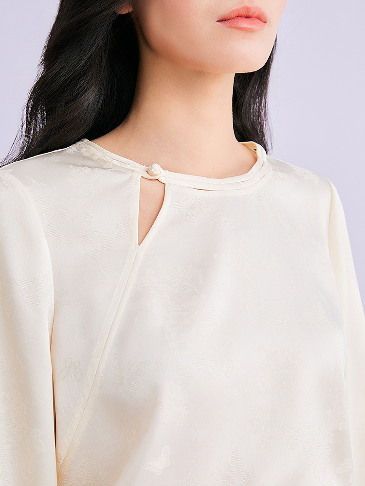 YINER音儿专选2026春季新款新中式重工盘扣圆领醋酸混纺衬衫上衣8C66170006