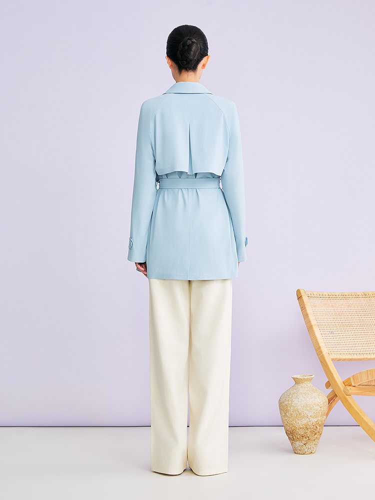 YINER音儿2026春季新款时尚优雅翻领双排扣中长款四面弹风衣外套8C36107070