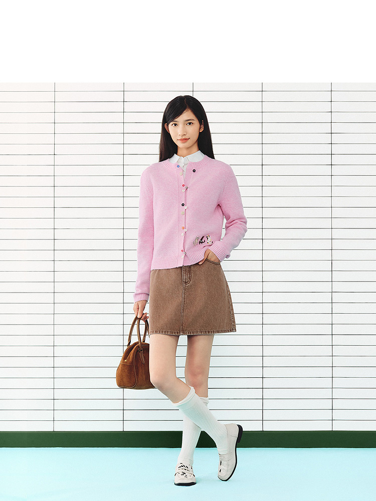 ToyzY2026冬季新款甜美减龄彩虹色纽扣猫咪刺绣趣味针织开衫ZC36506490