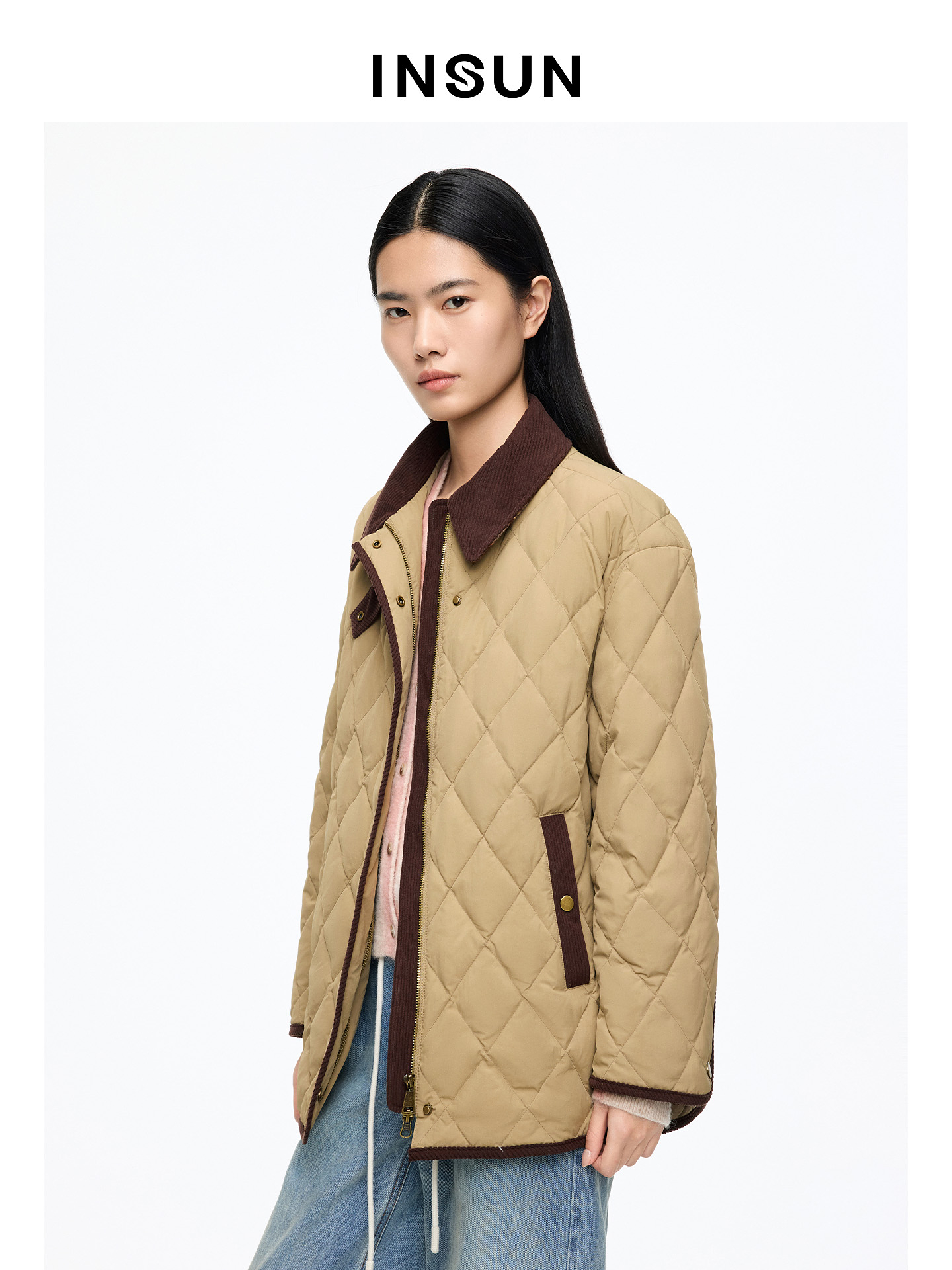 INSUN恩裳专选2026春季巴恩风菱形格宽松轻薄羽绒服9C66108520