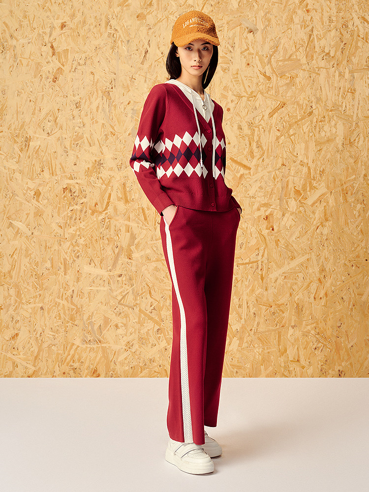 ToyzY24春菱格提花假两件酒红针织外套7C54106510