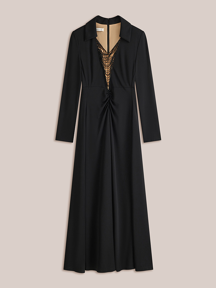 OBBLIGATO奥丽嘉朵2026秋季新款立体菠萝纹v领钉珠大摆长款连衣裙1C66305130