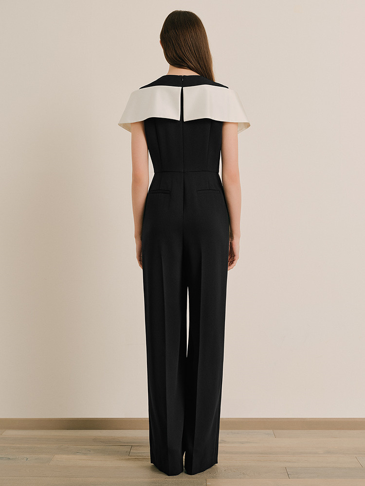 OBBLIGATO奥丽嘉朵专选2025夏季新品黑色圆领撞色拼接荷叶边连体服1C65202060