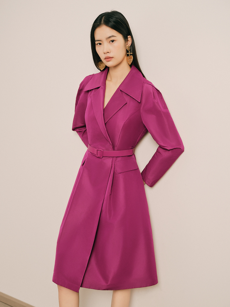 OBBLIGATO奥丽嘉朵2025春季金标樱桃红西装翻领收腰A摆廓形风衣1C35107040