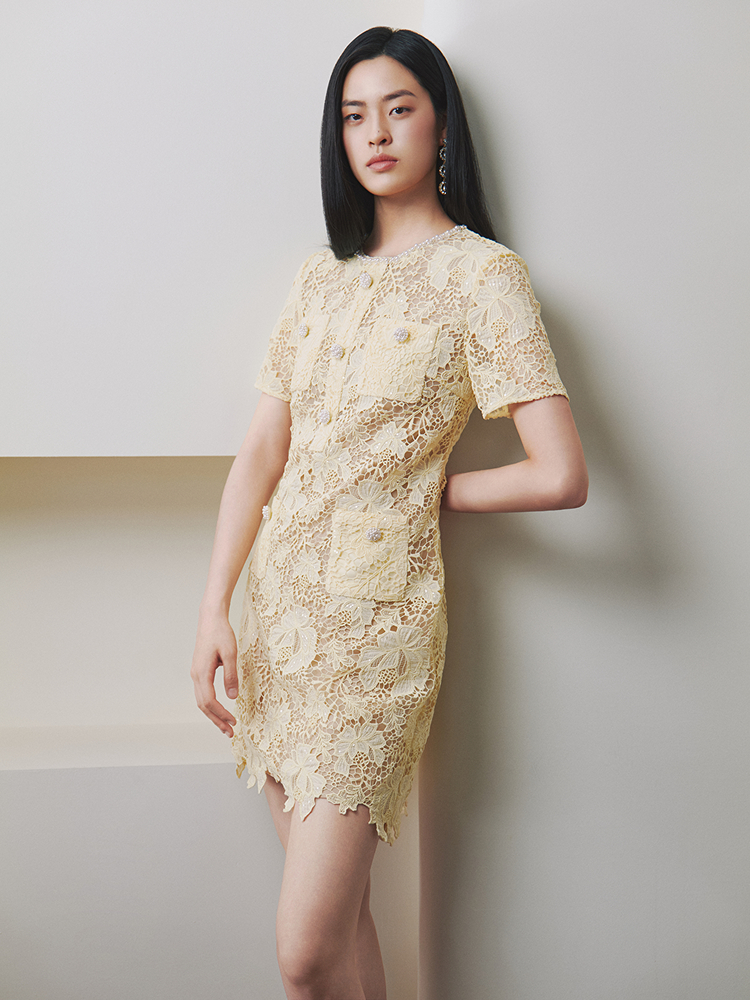 OBBLIGATO奥丽嘉朵2026夏季新款水溶蕾丝钉珠收腰小香风连衣裙1C66205390