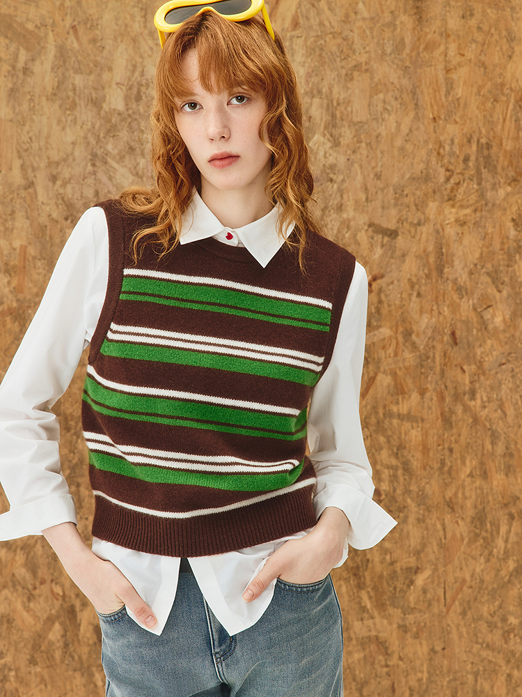 ToyzY2025冬季复古撞色条纹100%绵羊毛针织背心ZC35504010