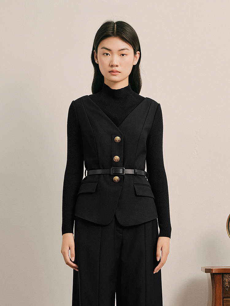 OBBLIGATO奥丽嘉朵2025春季金标黑色假两件设计修身时尚单上衣1C35170100