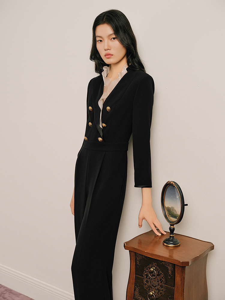 OBBLIGATO奥丽嘉朵2025春季金标黑色荷叶边领口狮子元素中古扣连体裤1C35102080