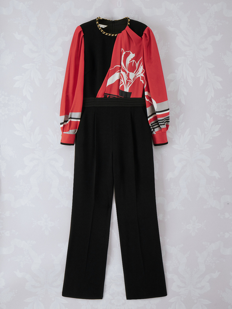 OBBLIGATO奥丽嘉朵2023春季金标红色解构设计鸢尾花印花三醋酸连体服1C33120560