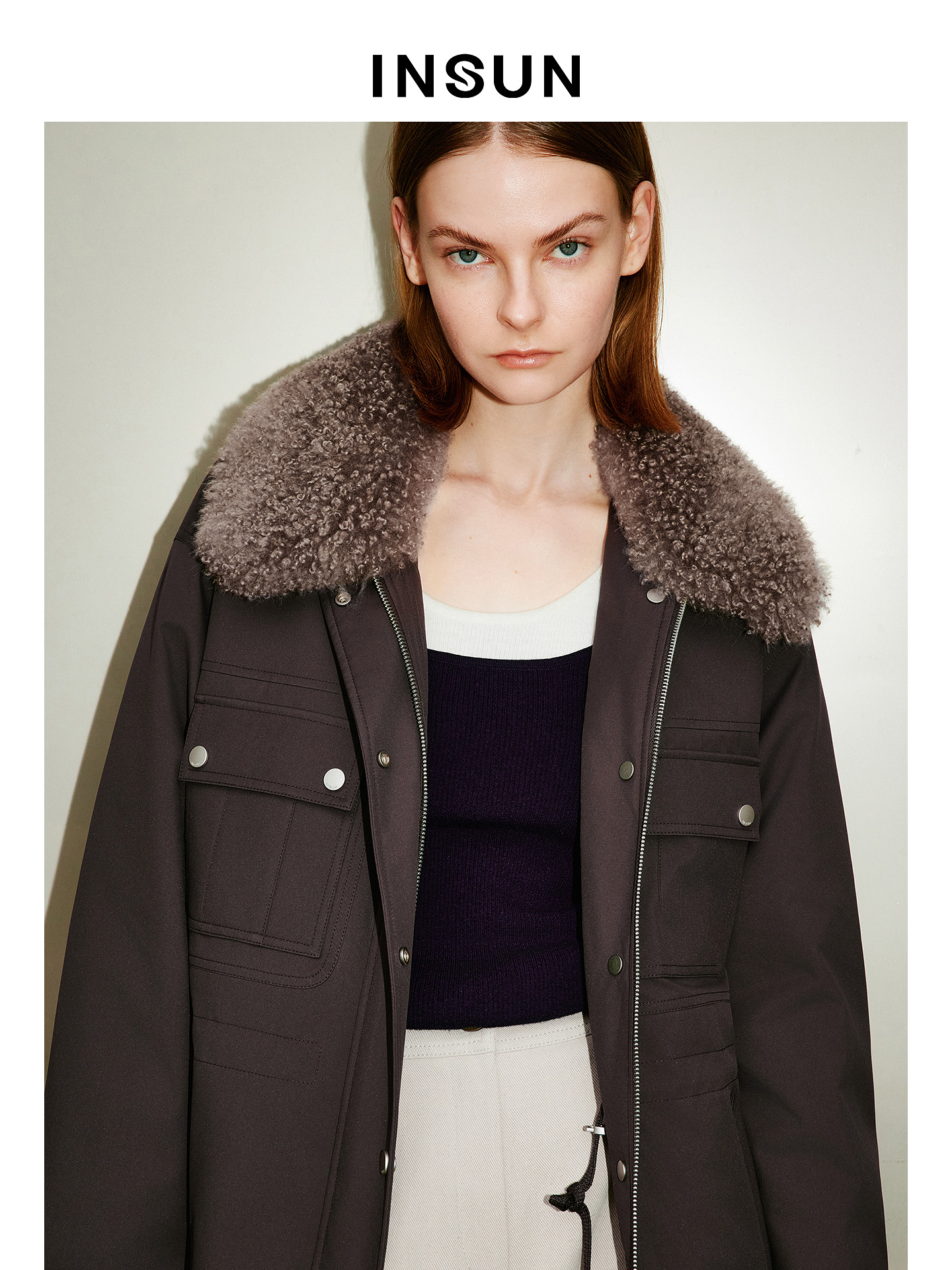 INSUN恩裳专选2026春季可拆卸羊毛革毛领鹅绒派克羽绒服9C66108530