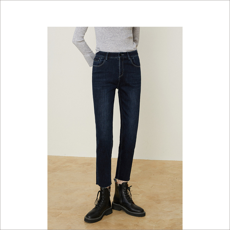 【预售12.21日36-44码】(一口价)音儿美地女装2021冬季新款通勤中腰毛边直筒牛仔裤LC62520530