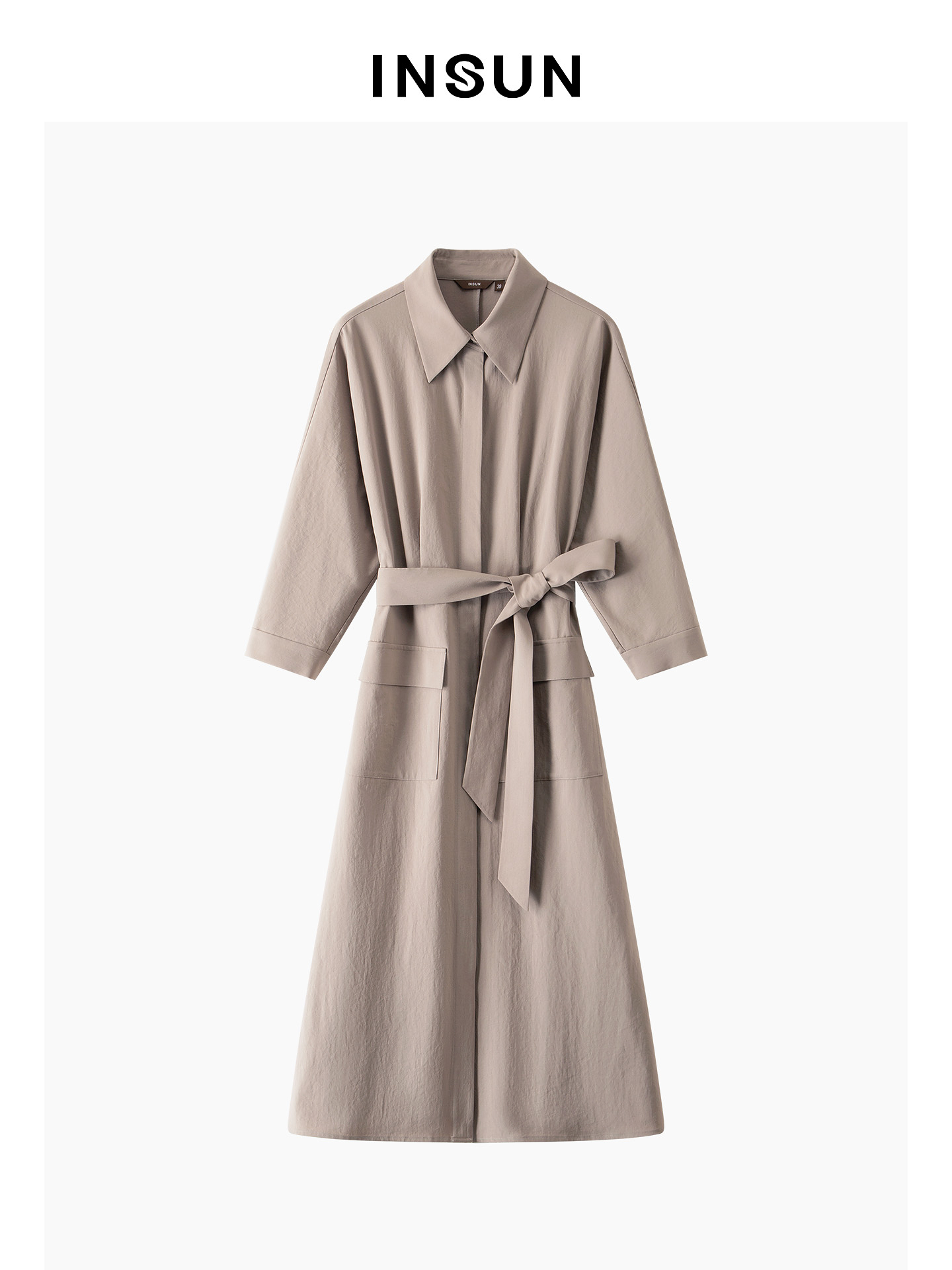 INSUN恩裳专选2026春季斜纹衬衫式廓形醋酸长款连衣裙9C66105010