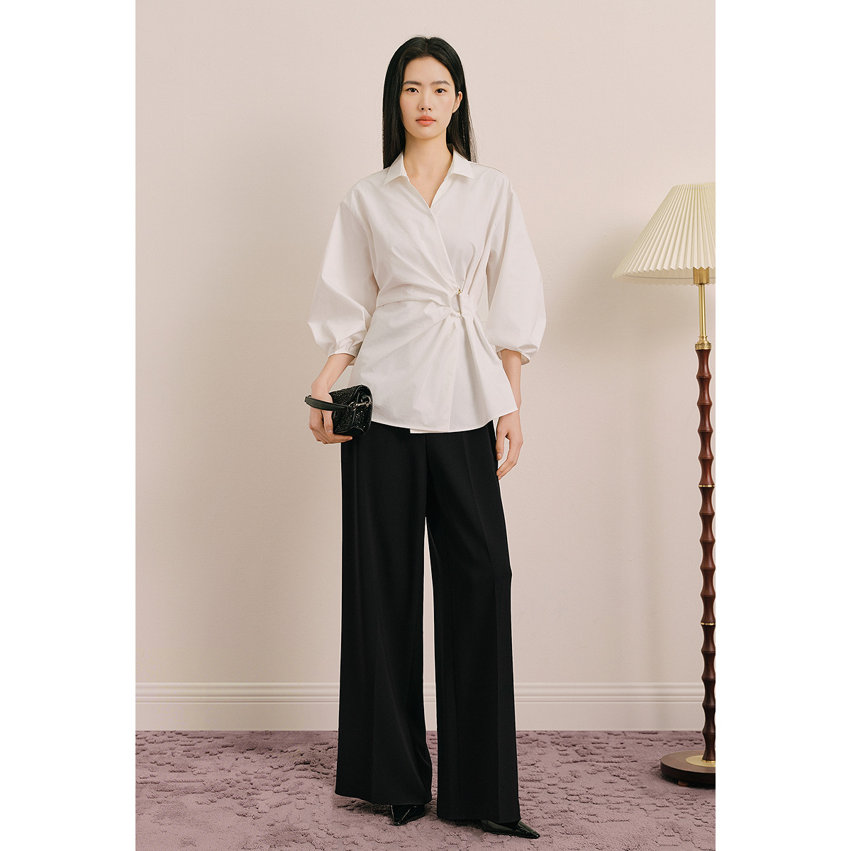 OBBLIGATO奥丽嘉朵2025秋季新品斜纹棉尖领金属扣环褶皱本白衬衫1C35330070